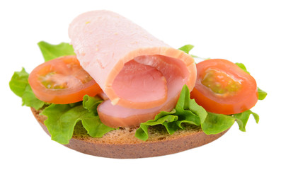 Delicious sandwich with lettuce and ham isolated on white