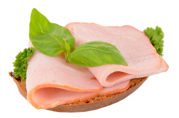 Delicious sandwich with lettuce and ham isolated on white