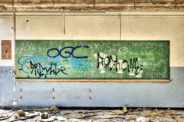 Ruined board in an abandoned classroom