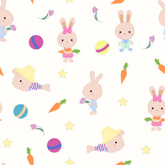 Kids cute seamless pattern with bunnies on white