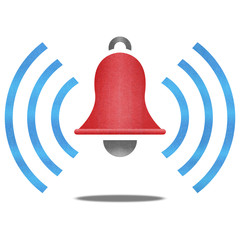 paper cut of red alarm bell with blue signal is alert symbol ico