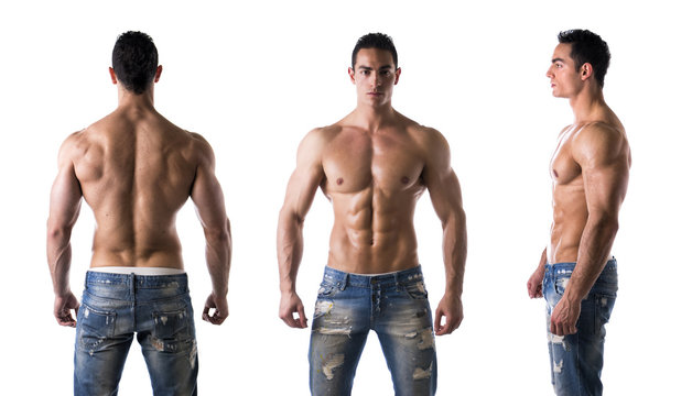 Triple view of shirtless bodybuilder: back, front, side