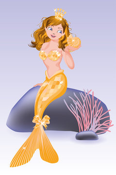 Beautiful golden mermaid girl sitting on the stone, vector
