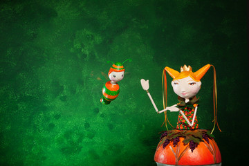 cute puppets handmade,  green background