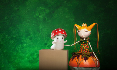 cute puppets handmade, green background