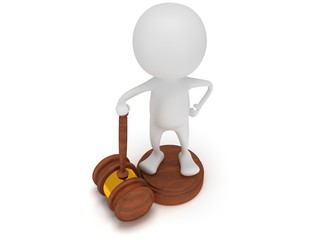 3D man satand with wooden gavel.