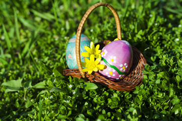 two easter eggs in a basket on a background of green grass