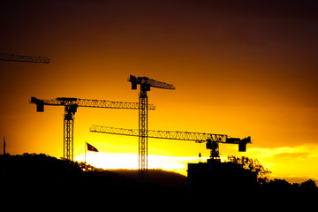 silhouette of 3 tower cranes in construction site at sunset
