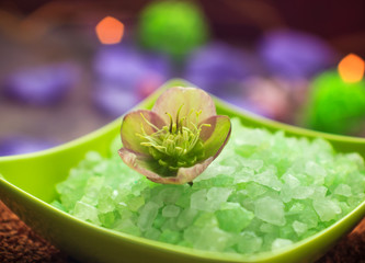 Spa concept closeup green bathing salt
