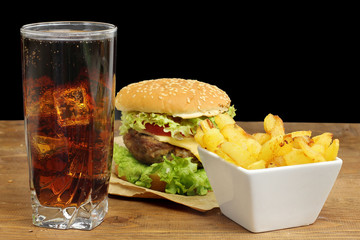 fast food  with hamburger, french fries and glass of cola