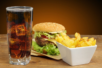 fast food  with hamburger, french fries and glass of cola