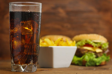 fast food  with hamburger, french fries and glass of cola