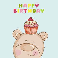 Happy Birthday Card - Baby Bear with Cupcake - in vector