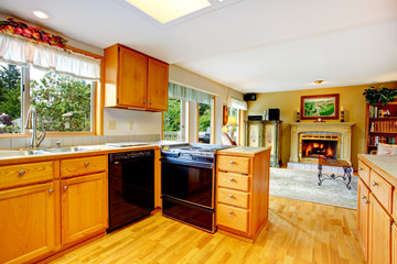 Kitchen cabinets with black stove and washdisher