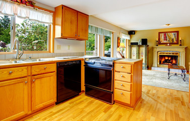 Kitchen cabinets with black stove and washdisher