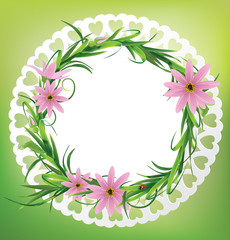 Round card with flowers, grass and  ladybug. Vector illustration