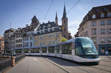 Modern tram on the streets of Strasbourg, France - obrazy, fototapety, plakaty