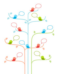 Birds on trees with talking bubbles. Social network concept
