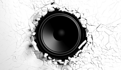 White wall breaks from sound with loudspeaker illustration