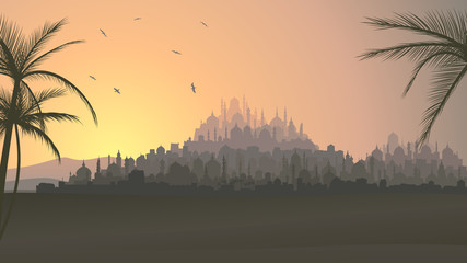 Horizontal illustration of big arab city at sunset. © vertyr