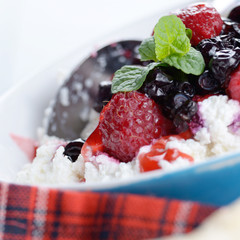 Cottage cheese in blue bowl