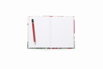 blank open squared text book with red pencil, isolated on white