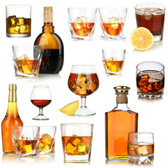 Collage of brandy glasses with ice cubes isolated on white