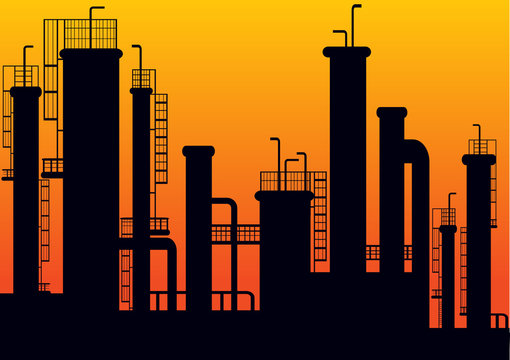 vector illustration of factory in silhouettes and sunset