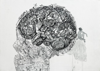 Drawing of human head contain a lot of stuff