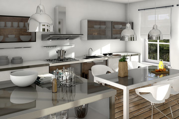 Fototapeta na wymiar Weiße Küche mit Edelstahl und Esstisch