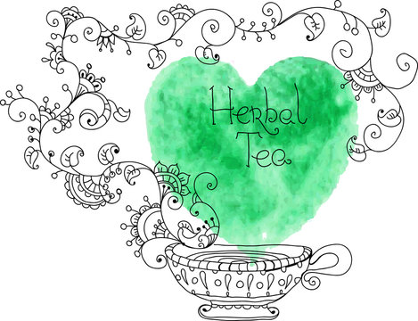 Herbal tea with watercolor green heart