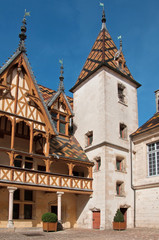 Pits and courtyard of Hotel Dieu, the ancient hospital in Beaune