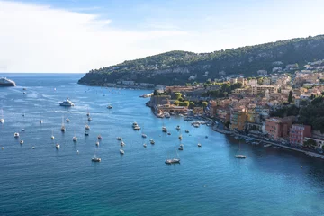 Peel and stick wall murals Villefranche-sur-Mer, French Riviera Aerial view of Villefranche-sur-Mer coast with yachts sailing in