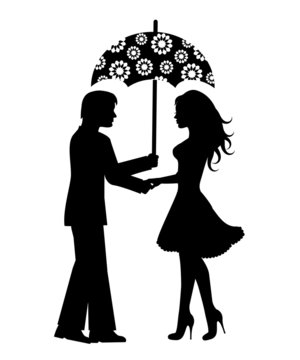 Silhouettes of men and women under the umbrella