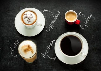 Cappuccino, espresso, americano and latte coffee