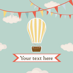 hot air balloon in the sky with garland background vector