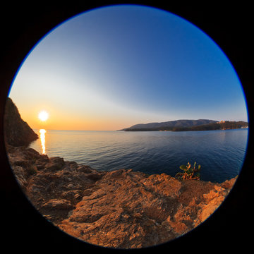 Fototapeta sunrise at sea. Fisheye lens image