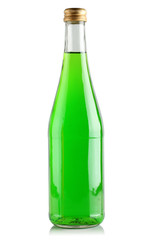 Green drink in a glass bottle on a white background.