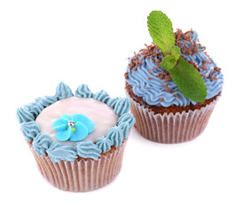 Tasty cupcakes with butter cream, isolated on white