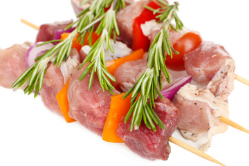 Raw pork kebab close up
