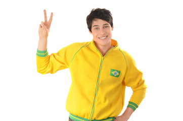 Man signing victory to Brazil.Happy football fan in sport blouse