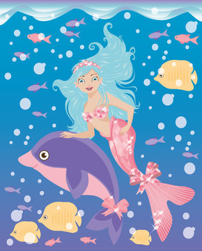 Little mermaid girl and dolphin, vector illustration