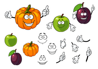 Cartoon pumpkin, plum and apple