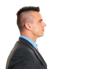 Profile of young man in suit, left you can write some text