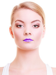 Obraz premium Portrait beautiful girl woman with violet lips. Creative makeup.