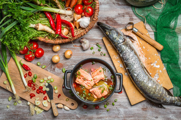 Pike and fresh vegetables for soup of fish