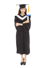 full length young woman college graduation isolated