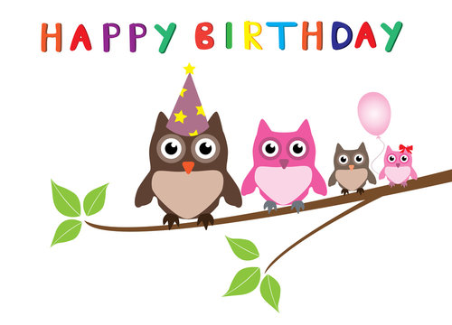 vector birthday card with owl family