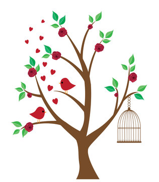 vector tree with birds, cage, roses