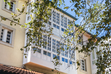 Wooden glazed windows in A Coruna, Galicia, Spain.